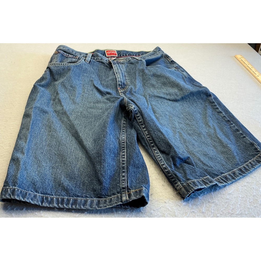 Tommy Hilfiger Y2K Denim Shorts Baggy Red‎ Label Blue Mens 38 Streetwear Hip Hop
